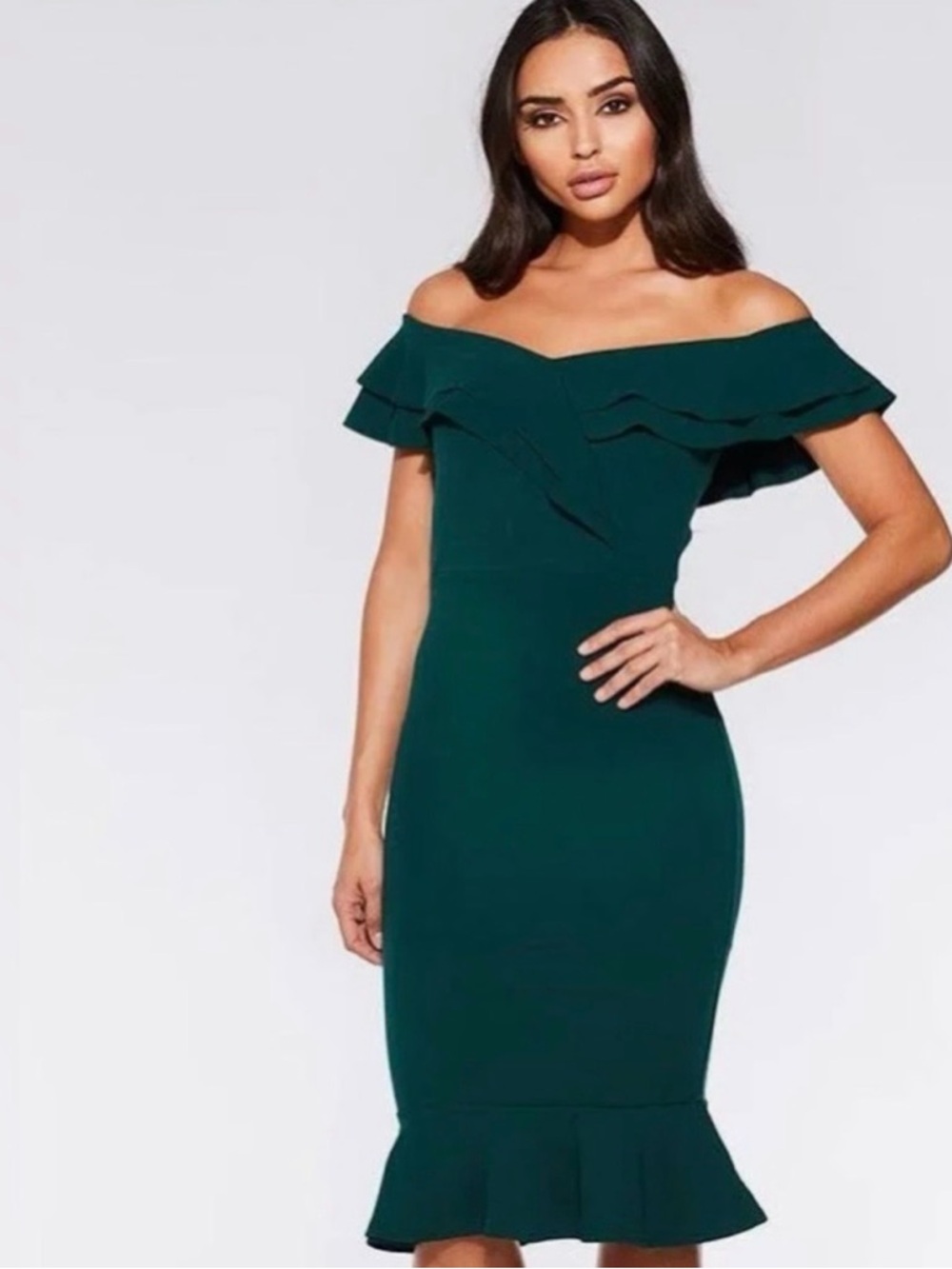 Emerald Green Ruffle Semi Formal Midi Dress (Size M)